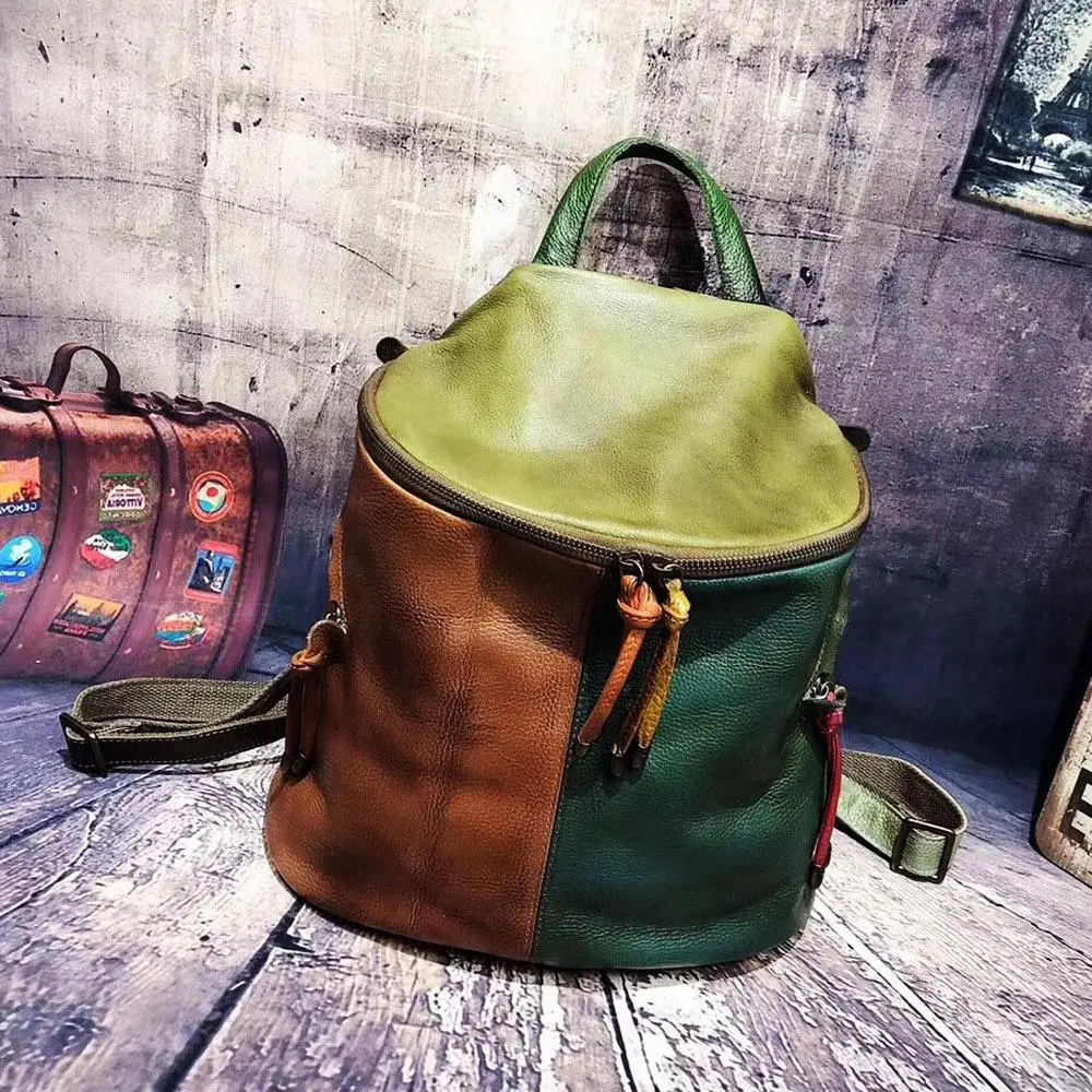 

Genuine Leather Handmade Large Capacity Women Backpack 2021 New Vintage Hand-wiping Random Color Mixing Backpacks
