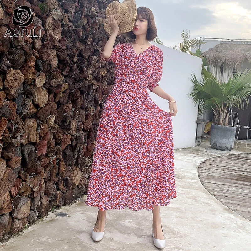 Платье миди женское длинное с цветочным принтом рукавом фонариком и V образным