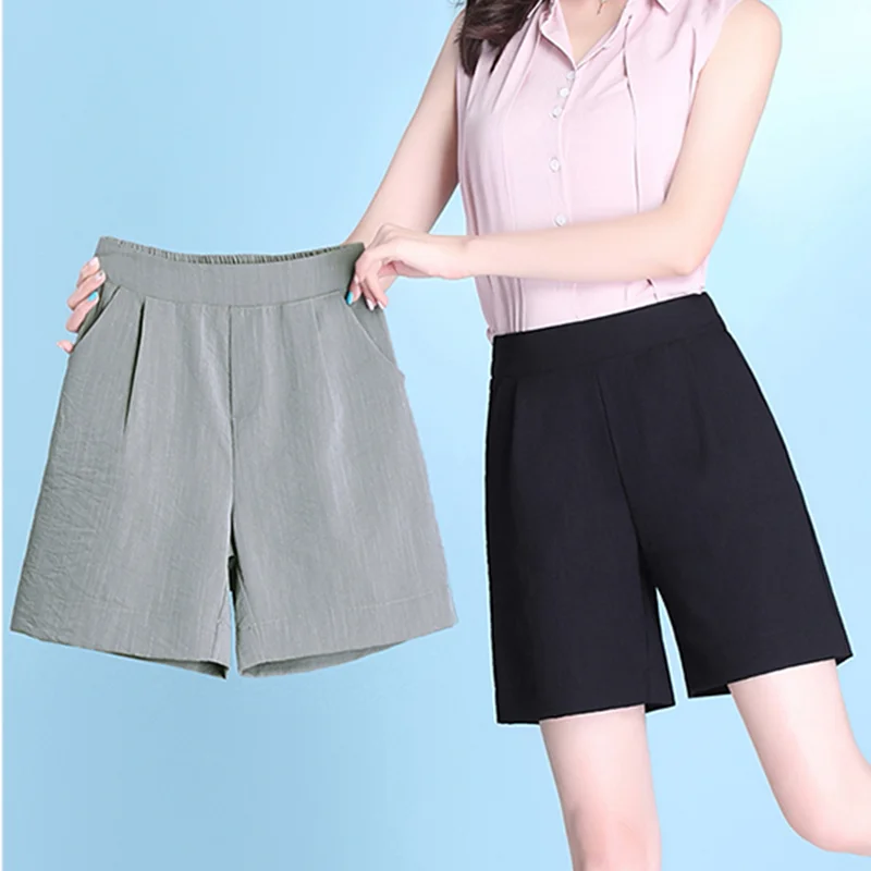 

Cotton Linen Solid Color Black Oversized Fashion Zevity 2021 High Waist Summer Women'S Casual Cycling Clothing Fitness Shorts