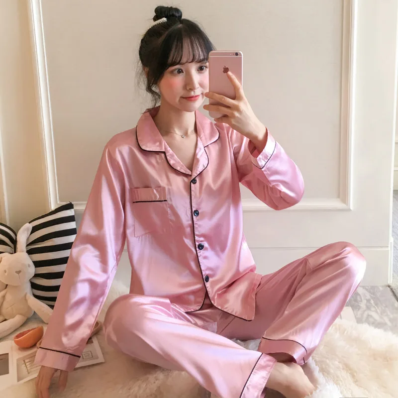 New Home Clothes for Girl Solid Long Pyjamas Turn-down Collar Women Sleepwear Plus Size Lingerie Femme Silk Pajamas Set 4XL 5XL
