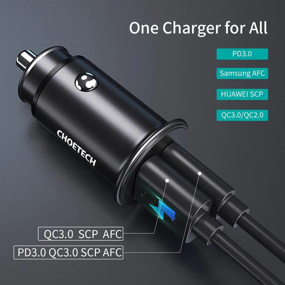 Автомобильное зарядное устройство CHOETECH с двумя USB-портами и поддержкой быстрой