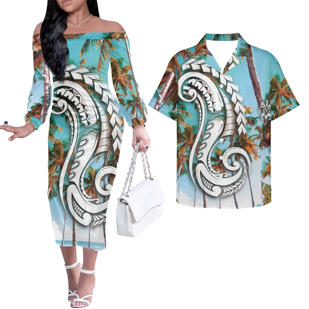 

HYCOOL Wholesale Hawaiian 2pcs Couple Matching Coconut Tree Print Off The Shoulder Dress Polynesian Island Tribal Women Clothing