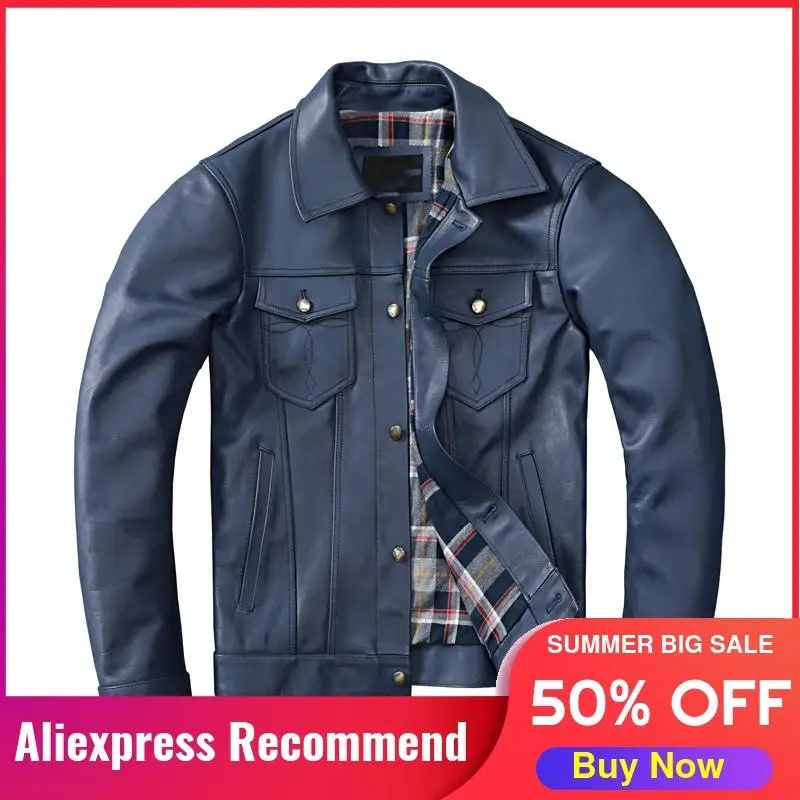 

Мужская повседневная куртка из натуральной кожи, синяя однобортная приталенная осенняя куртка из натуральной воловьей кожи, модель размер...