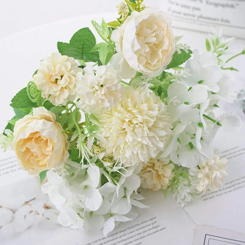 2X Artificial Flowers Fake Peony Silk Hydrangea Bouquet Decor (Champagne And White) & 2 Rolls Snowflake Thread Ribbon | Дом и сад