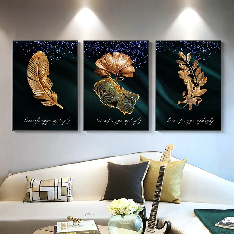 

Modern Poster Wall Decorations Luxury Gold Leaf Cuadros Canvas Painting Home Decor Abstract Plant Art Picture For Living Room