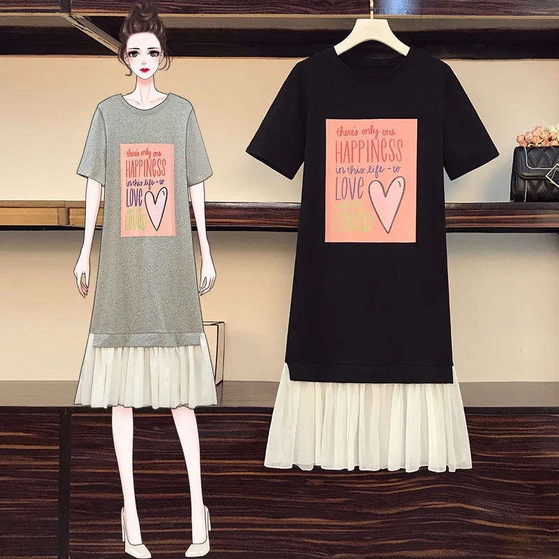 

5XL Plus Size Women Cotton Tshirt Dress Summer 2021 Fashion Print Short Sleeve Patchwork Loose Casual Chiffon Ruffle Dresses