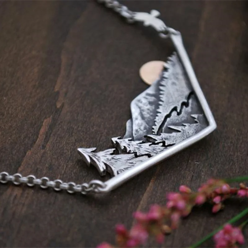 Silver Plated Wandering River Mountain Valley Sunset Nature Necklace Pendant - Women's Charm Chain Jewelry Gift image 2