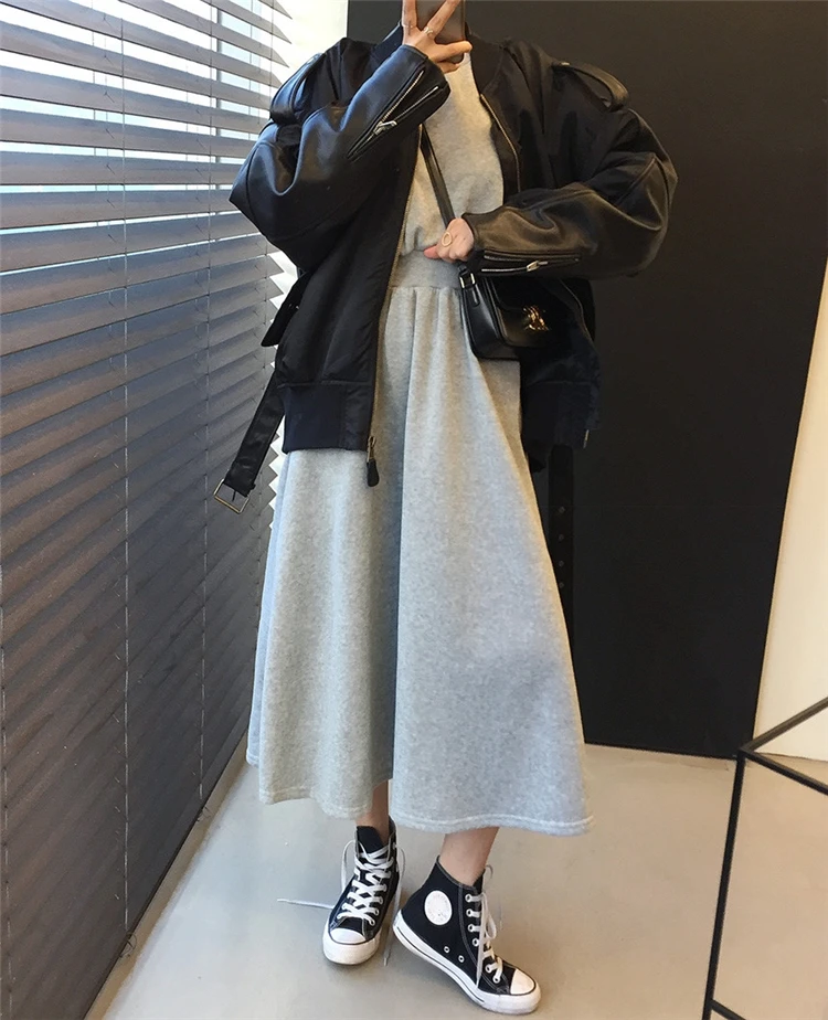 

New 2021 Autumn Winter Women Dresses Thicken High Elastic Waist Casual Long Minimalist Pockets Warm Dress