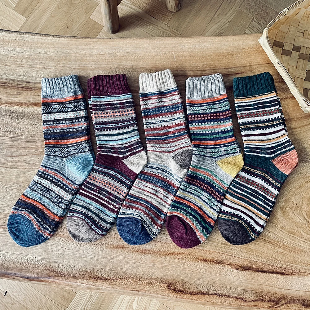 

5Pairs New Witner Socks Women Men Sock Thick Warm Wool Socks Retro Style Horizontal stripe Christmas Gift Free Size Dropshipping