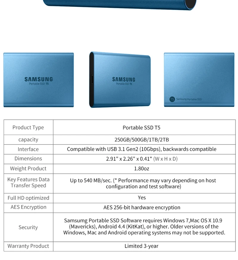 samsung SSD 500GB 1 ТБ внешний твердотельный диск T5 USB3.1 type-C портативный жесткий диск для ноутбука Настольный ПК