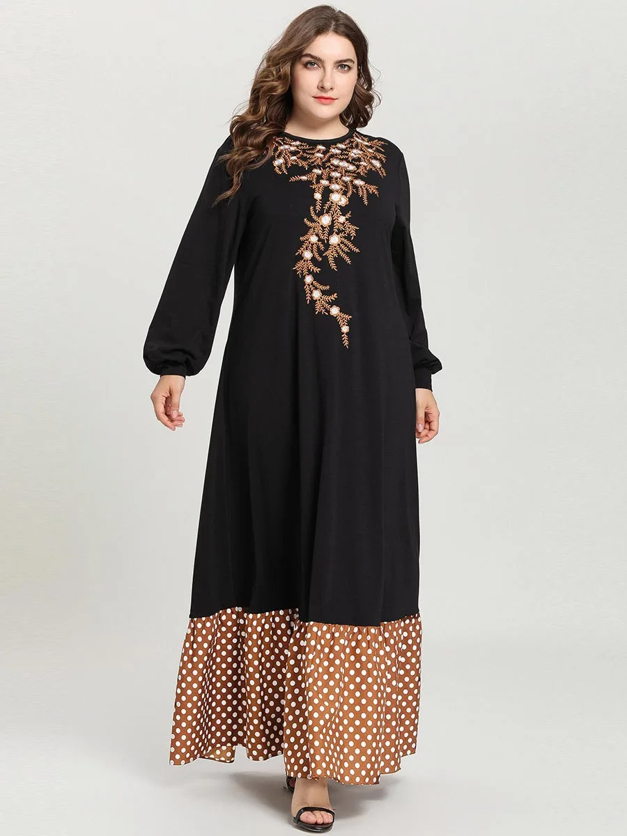 Большие размеры мусульманское платье женское осенне-зимнее платье с длинными рукавами и цветочной вышивкой в горошек с принтом пэчворк Макси abaya Дубай платья