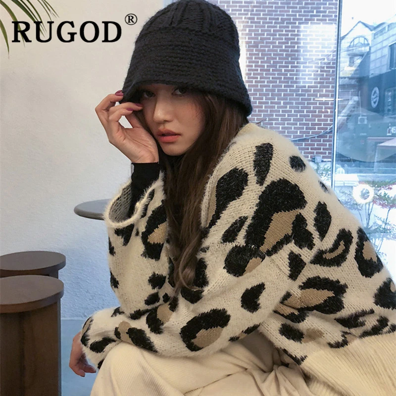 Женский кашемировый кардиган RUGOD вязаный с длинным рукавом и леопардовым принтом