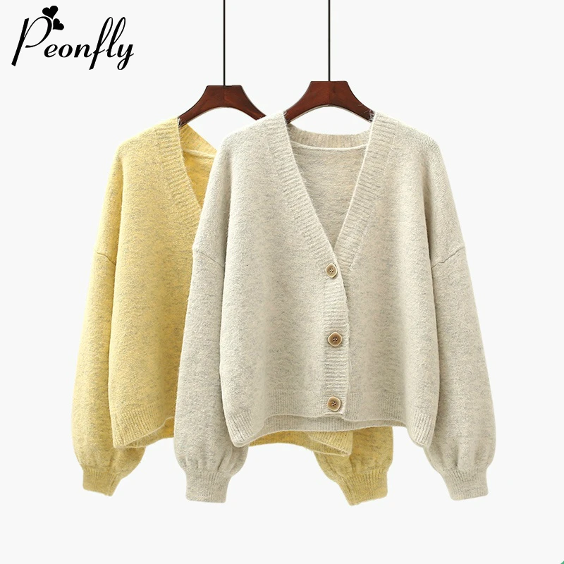 

Женский однобортный Кардиган PEONFLY, вязаный Однотонный свитер в Корейском стиле, Осень-зима 2019