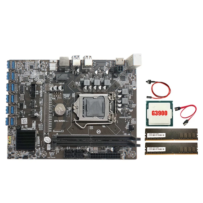 

B250C Mining Motherboard with G3900 CPU+2XDDR4 4G 2133Mhz RAM+SATA Cable+Switch Cable 12XPCIE to USB3.0 Card Slot Board