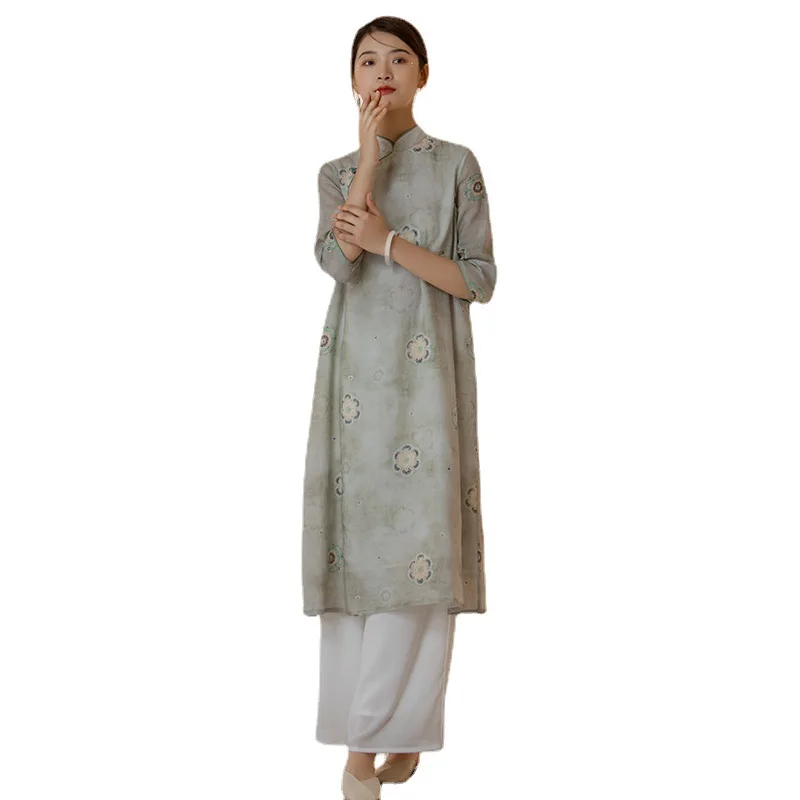 

2021 spring new design women's Zen tea dress Chinese style ramie dress