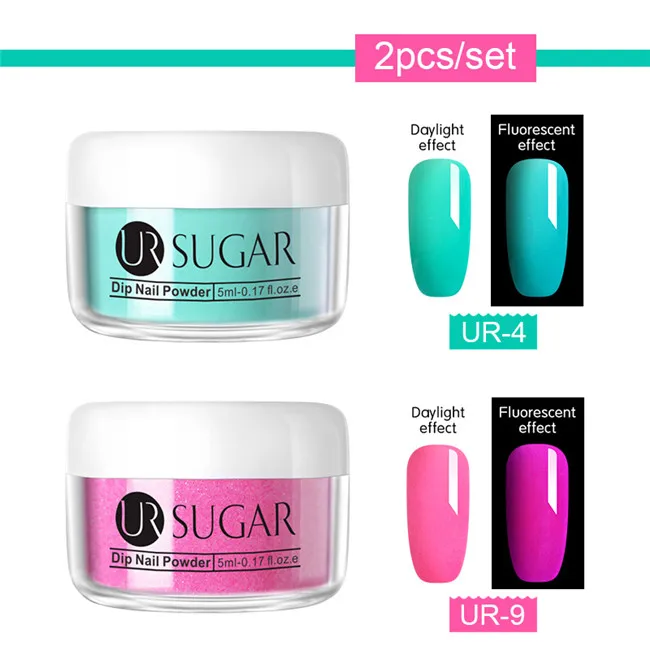 2pcs set7 Ur Sugar 5 мл флуоресцентный блеск Dip порошок для ногтей голографический градиентный французский пигмент погружающийся порошок для ногтей украшение для ногтей - Цвет: 2pcs set7