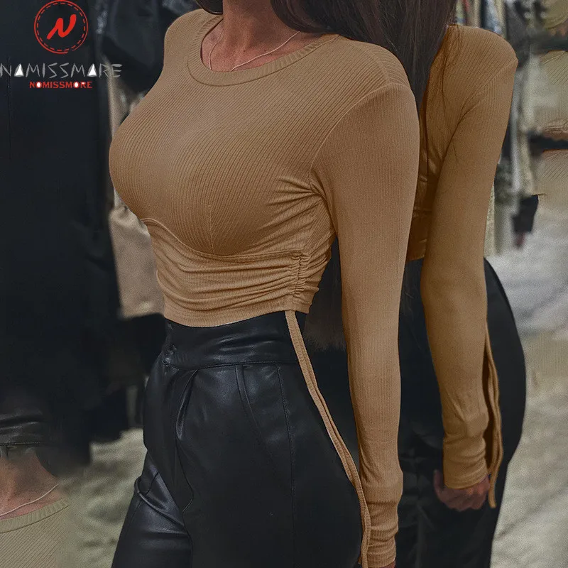 

Модные Женские однотонные короткие футболки, дизайнерские облегающие пуловеры с круглым вырезом и длинным рукавом, весна-осень