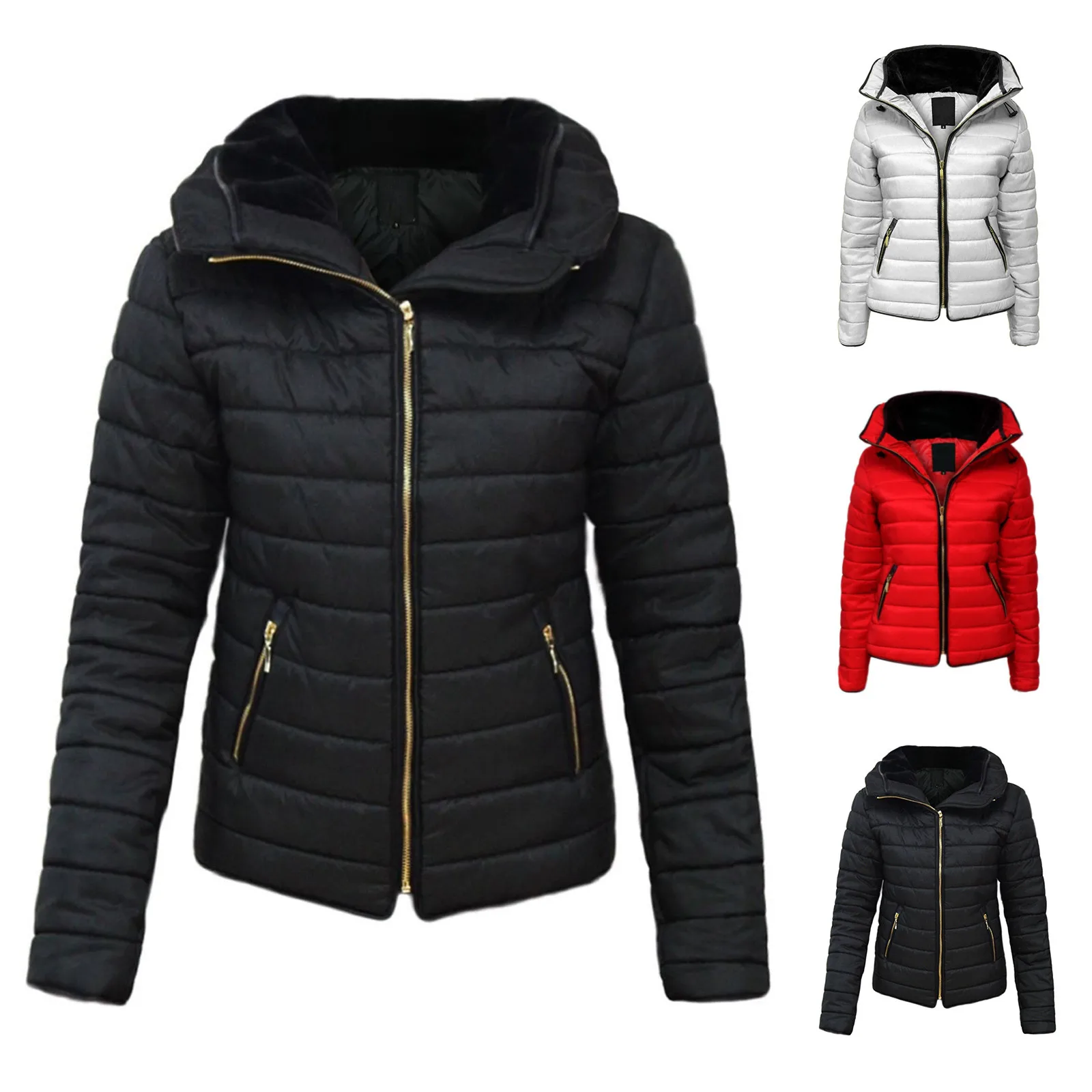 

Fashion Women Quilted Padded Bubble Collar Warm Thick Womens Jacket Coat Zipper Pockets Female Warm Elegant Coat Jacket