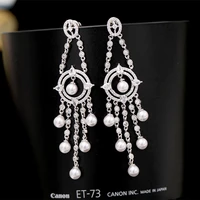 european and american temperament pearl tassel earrings women fashion long dangle cubic zirconia exaggerated bridal earring