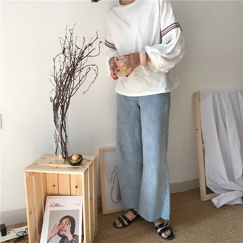 

New Spring Womens T Shirt Fashion Korean Loose Patchwork White Solid Tops Female Lantern Sleeve Long Sleeve Casual Tee T-Shirt