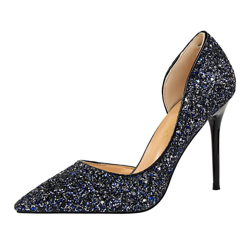 

European And American Style Sexy Nightclub Party Women's Shoes Stiletto Banquet Shallow Mouth Pointed High Heels Sequined Shoes