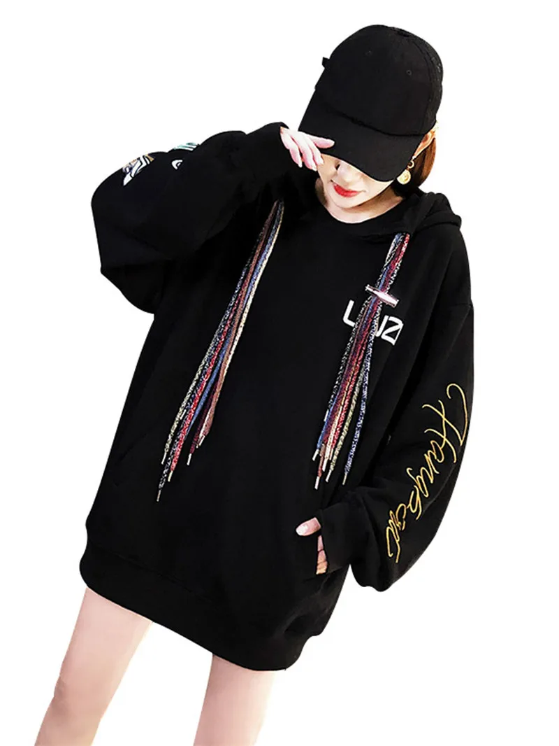 Женская свободная уличная одежда черная толстовка вязаные толстовки с капюшоном