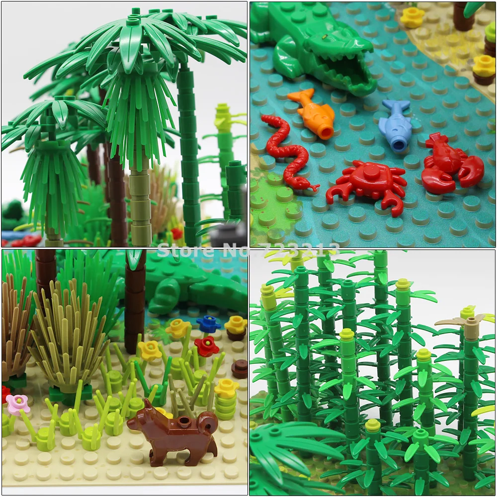 Горячий 2020 MOC дождь лес река блоки тропические леса с растениями и животными 32x32