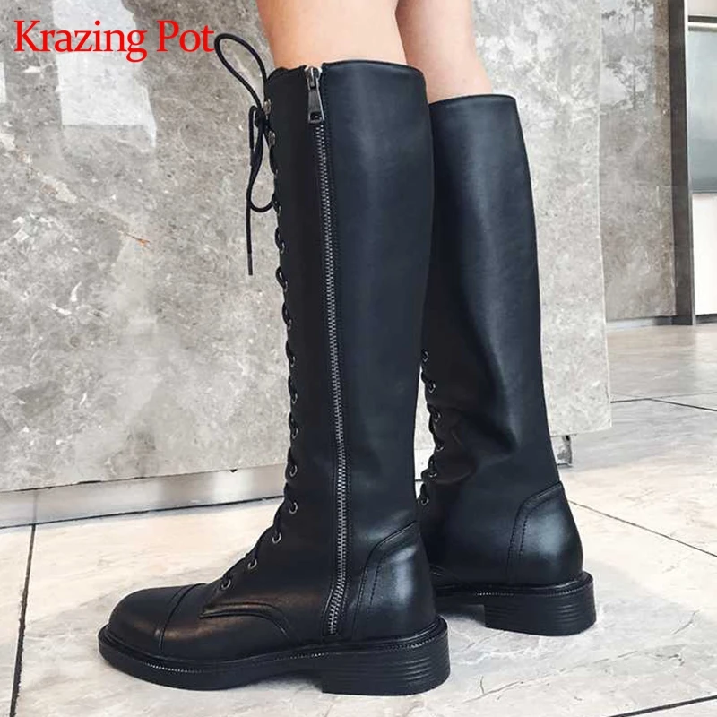 Krazing pot/ г. Теплые высокие сапоги до бедра из коровьей кожи с круглым носком, на толстом низком каблуке, на молнии, для верховой езды, со шнуровкой, l9f1