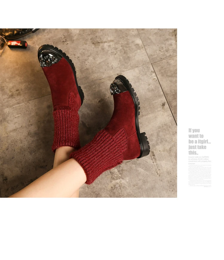Botas Mujer; зимние вязаные сапоги; женские сапоги до середины икры; Bota Feminina; обувь со стразами; женские эластичные сапоги; Botines Mujer; коллекция года; Zapatos De Mujer