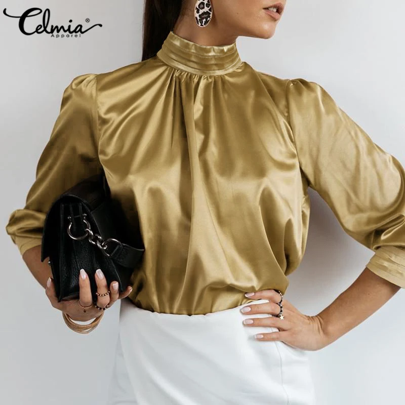 

Celmia Elegant Satin Tops Women's High Collar Blouse 2022 Fashion Solid Silk Party Shirts Lantern Sleeve Casual Blusas Femininas