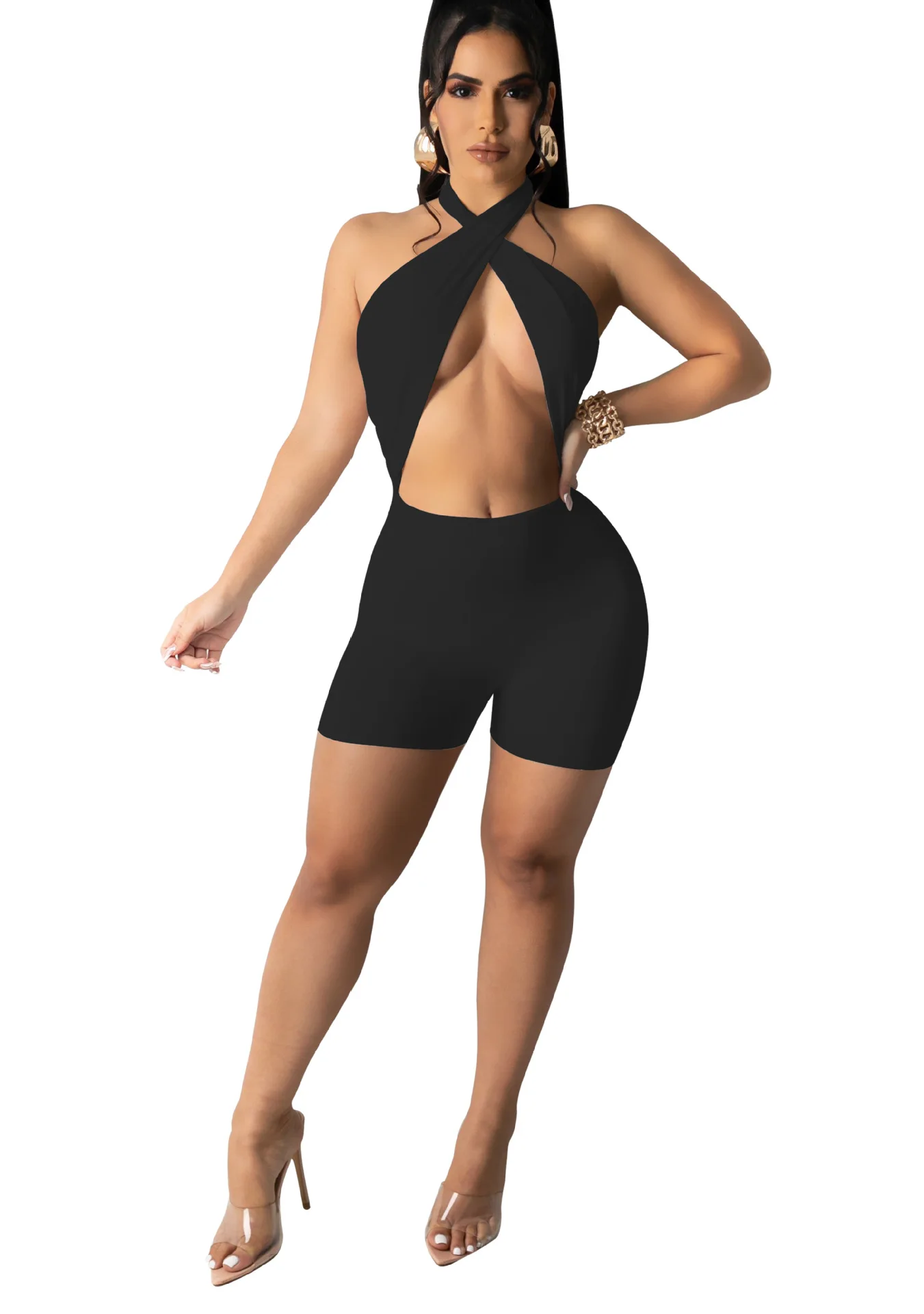 В наличии модные пикантные однотонные с лямкой на шее вырезами Комбинезоны Лето