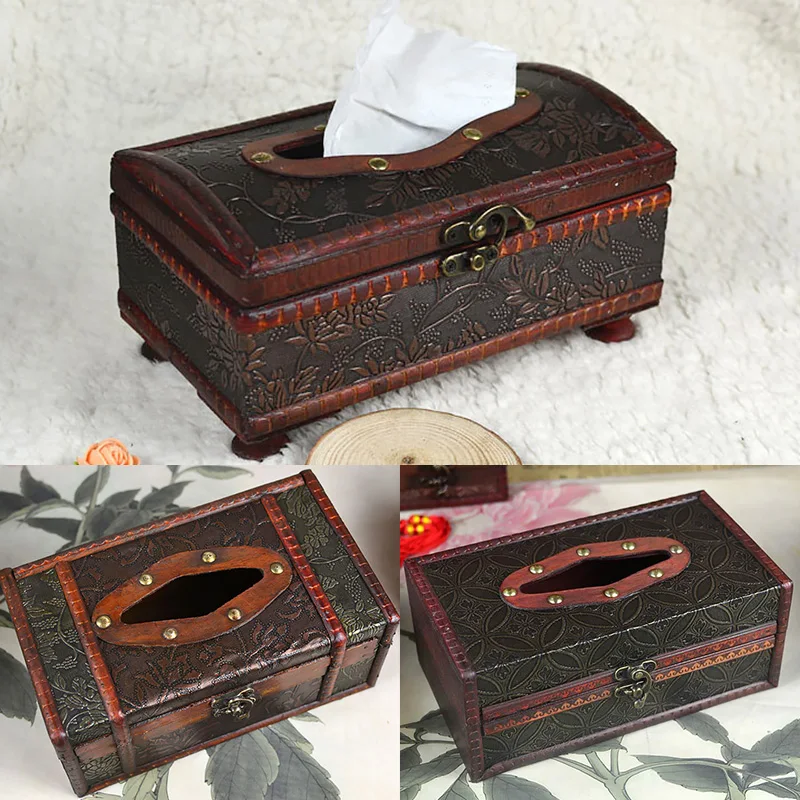 

Retro Treasure Box Shaped Wooden Tissue Box Household Tissue Decorative Storage Box Napkin Holder for Hotel Kitchen Supplies