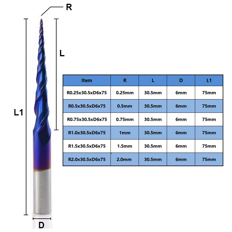 XCAN коническая шаровая Концевая фреза 1 шт. 6 мм хвостовик R0.25/R0.5/R0.75/R1.0/R1.5/R2.0