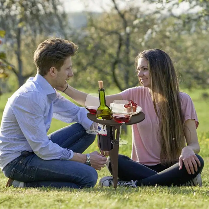 

Wooden Round Foldable Wine Glass Table Outdoor Portable Snack Rack Wood Picnic Travel Table For Camping Desktop A6B4