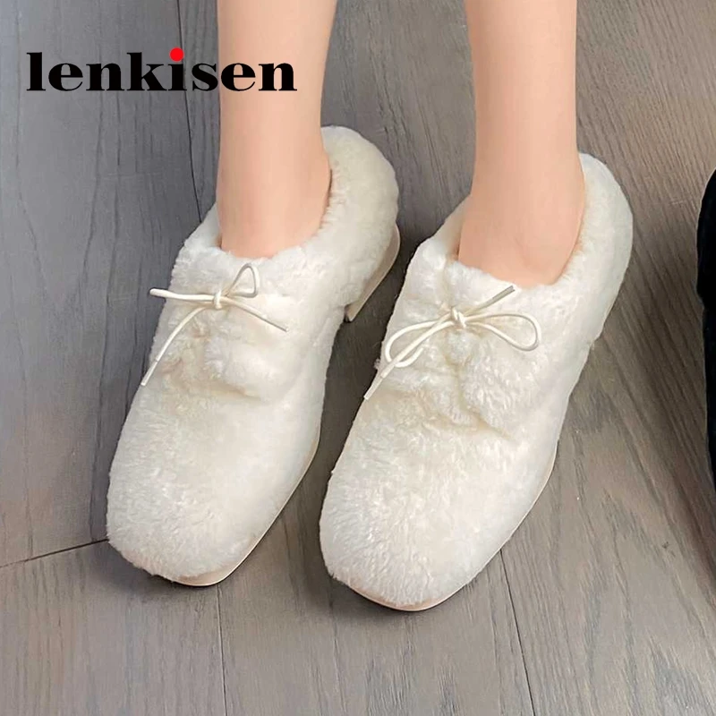 

Lenkisen wool round toe med heel winter shoes Korean street beauty girls daily wear sweet butterfly-knot cozy women pumps L76
