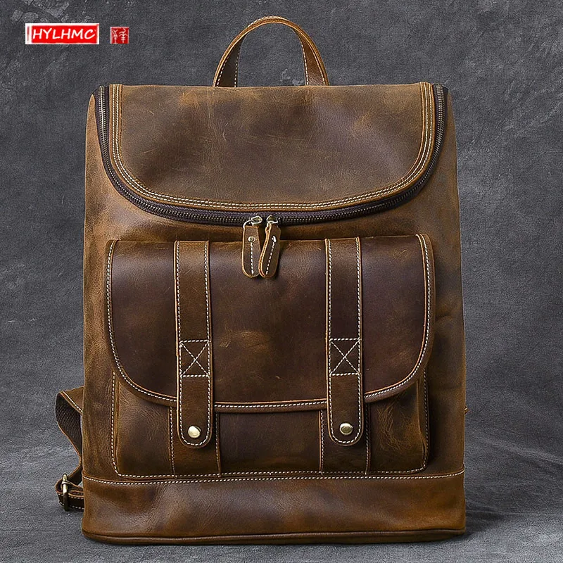 

Мужской рюкзак из натуральной кожи HANSOMFY, вместительные дорожные рюкзаки, мужская сумка для ноутбука и компьютера, кожаные сумки В Стиле Рет...