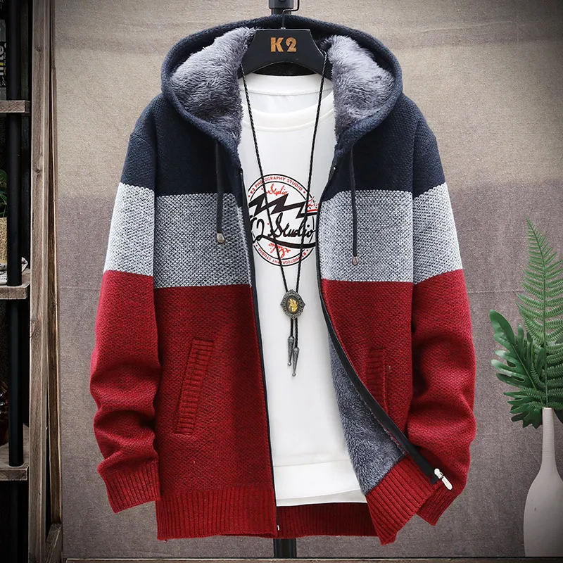

2021 Autumn Korean Hooded Men's Sweaters with Thick and Velvet Men's Cardigan Knitted Sweatercoats Patchwork Jacket Male M-4XL