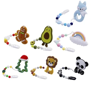 Силиконовый Прорезыватель для зубов, деревянные бусины, рождественский подарок, не содержит Бисфенол А, сделай сам, детское ожерелье для прорезывания зубов, игрушка, мультяшная панда, Лев, соска, цепочка с зажимом