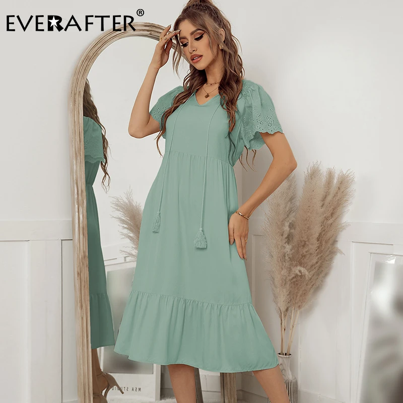 

EVERAFTER Elegant Summer Solid Shirt Dress Women High Waist V-neck Short Sleeve Ruffled Tassel Holiday Casual Long Dress 2022