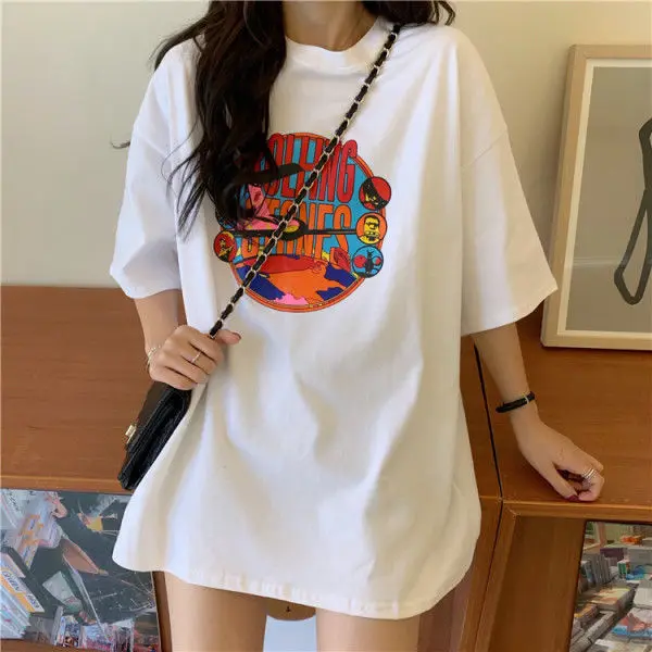 

Women 100% Cotton Short Sleeve T-shirt Women's Summer Wear Print 2021 New Top Women's Fashion Loose Student Sleeve Style Collar