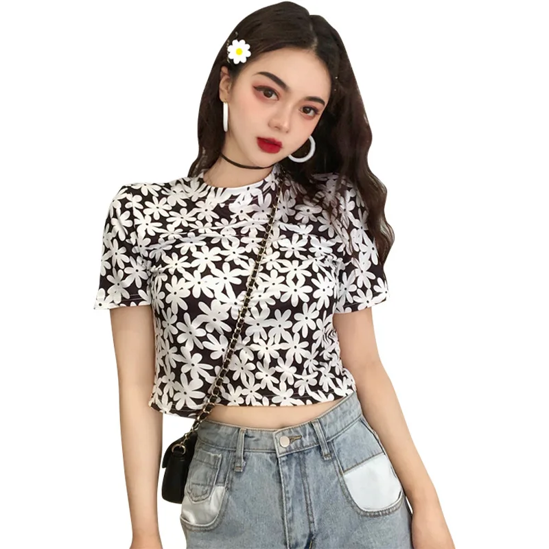 

Women's t-shirts Summer Top White Cotton Retro Printed Floral Loose Short Top T-shirts harajuku Sweet Flowers Slim Navel T-shirt