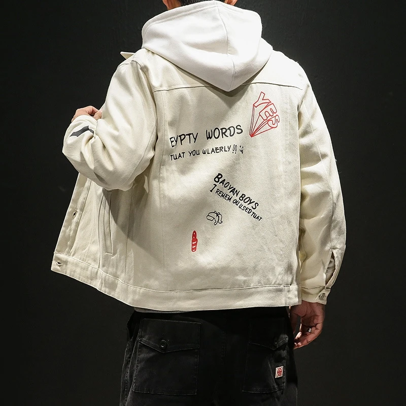 

Print Black Cotton Casual Jacket Men Hip Hop Autumn Japanese Army Mens Coats Fashion Button Military Streetwear Bomber Jackets