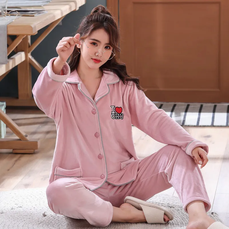 Printed Flannel Thickened Nightwear Winter New Couple Sleep Set Coral Velvet 2PCS Pajamas Suit Men Warm Wedding Home Wear