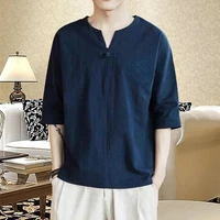 summer men linen shirt chinese style retro casual v neck tops plus size embroidery traditional asian tang suit tops for man