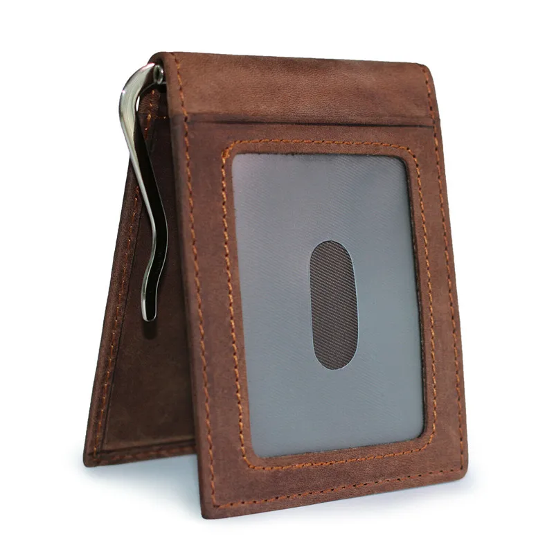 Crazy horse brown RFID Блокировка мини зажим для денег мужской кошелек из натуральной кожи мужской брендовый Повседневный двойной тонкий кошелек держатель для ID кредитных карт Чехол - Цвет: Crazy horse brown