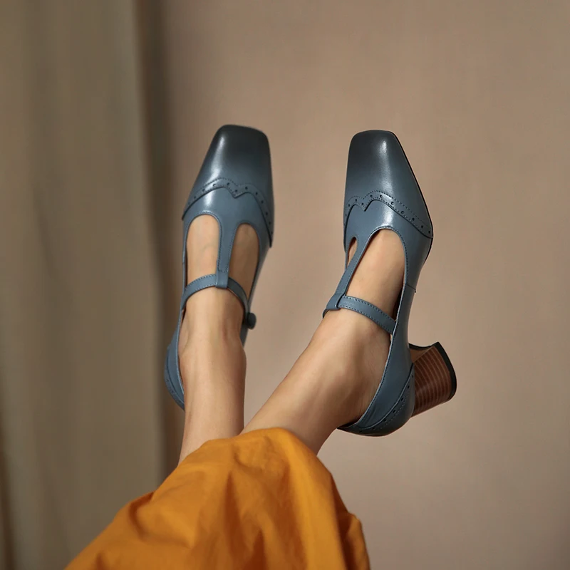 

MORAZORA 2020 Genuine leather shoes thick high heels square toe women pumps summer buckle classic party shoes blue