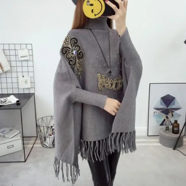 

Solid Tassel Knitting Poncho New Fashion Long Batwing Sleeve Swing Sweater Wrap Cardigan Female