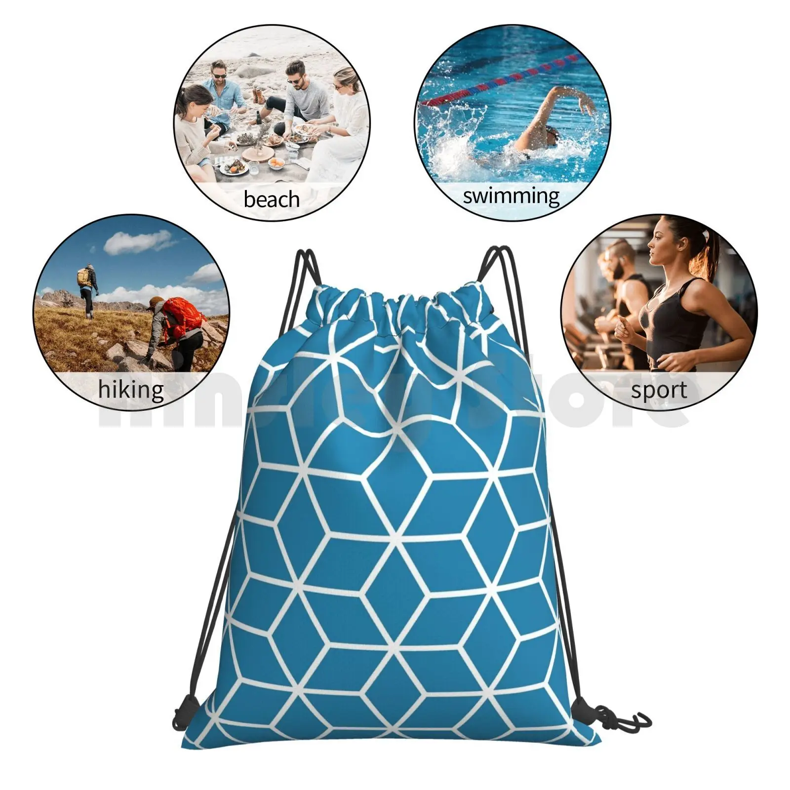 

Blue Interlocked Hexagon Lattice Backpack Drawstring Bags Gym Bag Waterproof Blue Geometric Chain Interlocked Hexagon