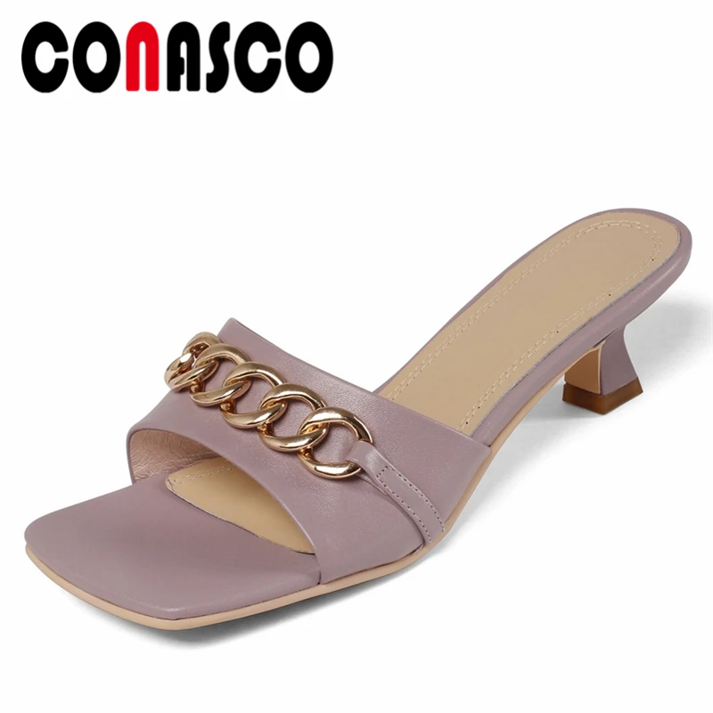 

CONASCO Summer New Fashion Concise Women Sandals Metal Chain Slippers Casual Thin Heels Genuine Leather Shoes Woman Brand Design