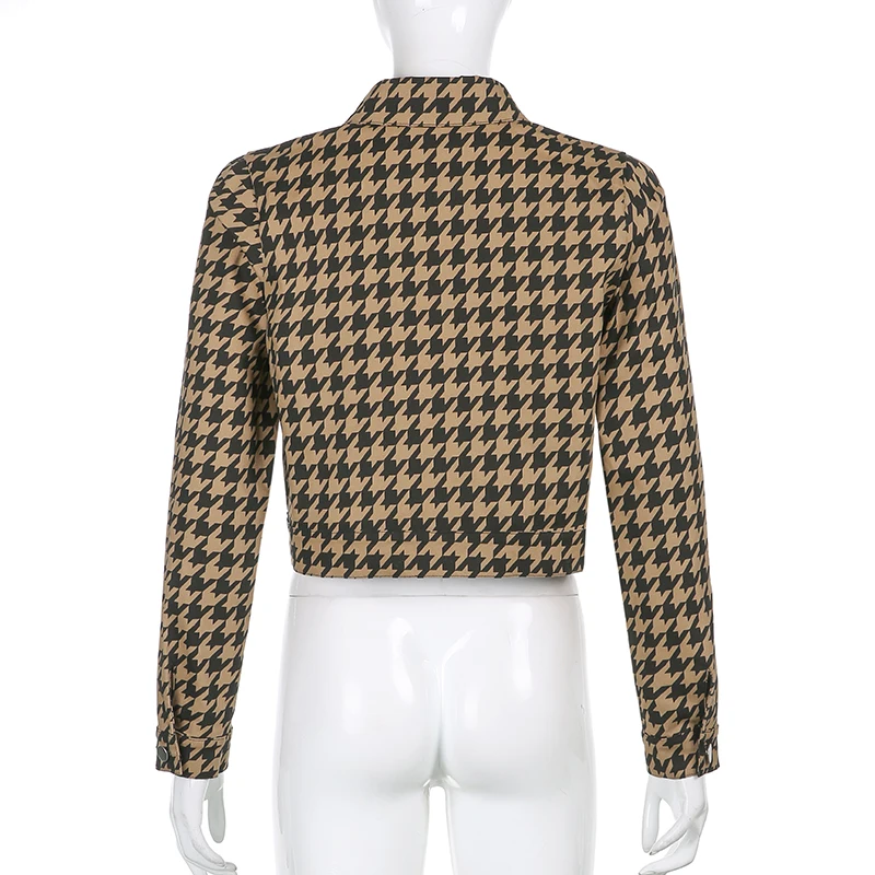 

DropShipping Houndstooth Plaid Vintage Cropped Jacket Women Elegant Casual Autumn Coat Ladies Button Turn Down Collar Overcoat